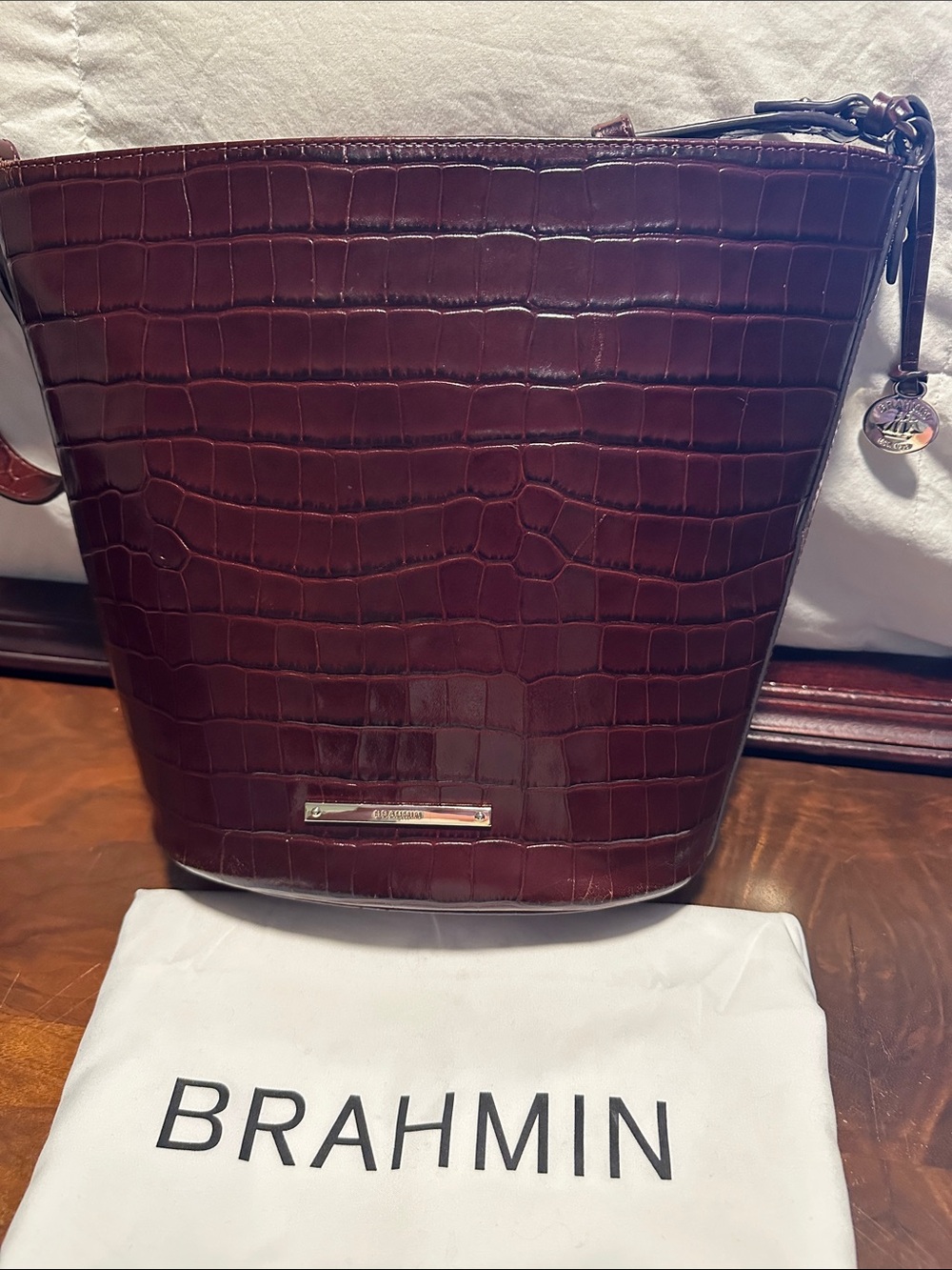 Brahmin Quinn Croc-Embossed Bucket Bag in Wine